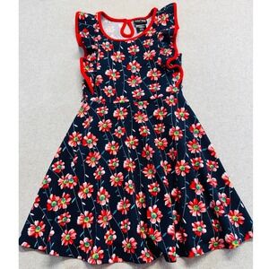 Paper Doll‎ Girls Size 7 Floral Dress Navy Red Ruffle Sleeve Fit & Flare Girly